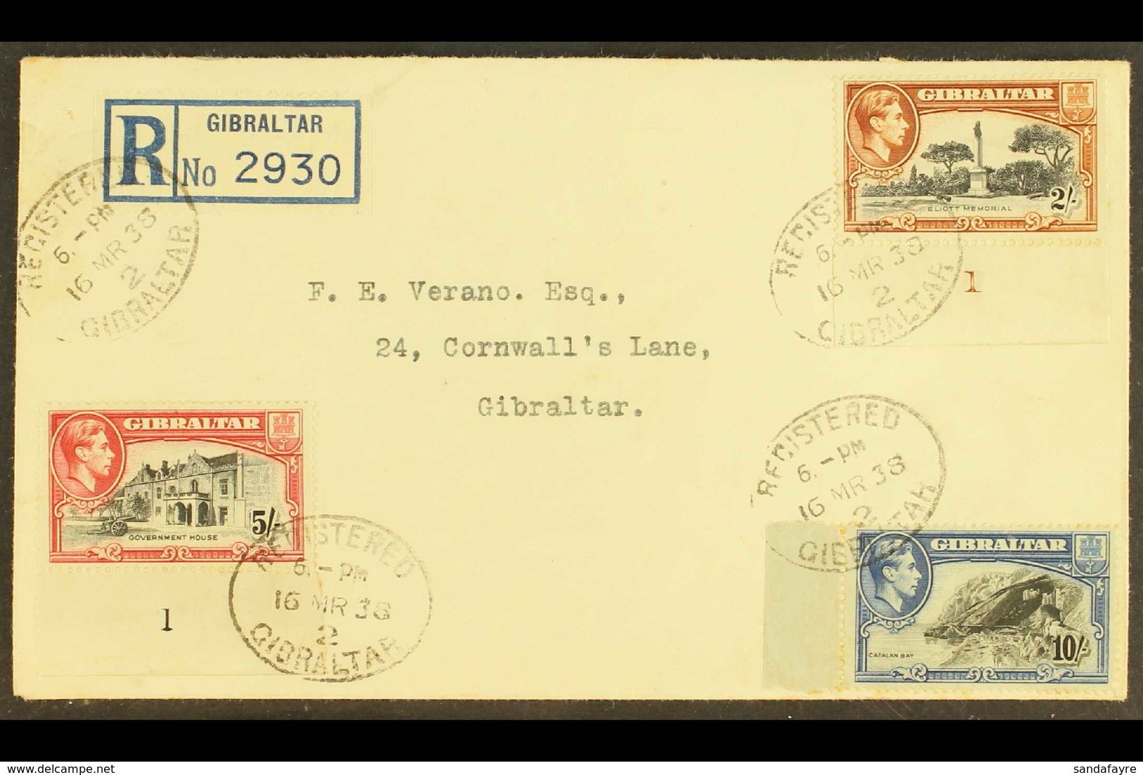 1938 2s, 5s & 10s High Values On FIRST DAY COVER, SG 128, 129, 130, Affixed At Corners Of Plain Envelope, Each Tied By O - Gibilterra