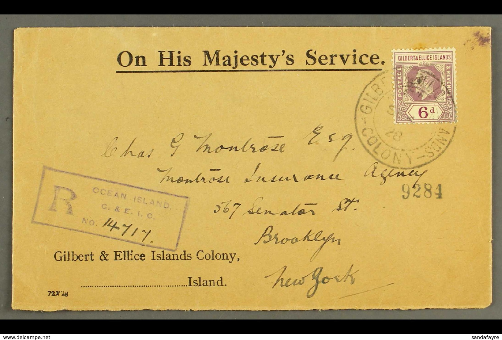 OCEAN ISLAND 1928 Official Registered Cover To New York, USA, Bearing KGV 6d, Cancelled With "G.P.O. Ocean Isld." Pmk An - Isole Gilbert Ed Ellice (...-1979)