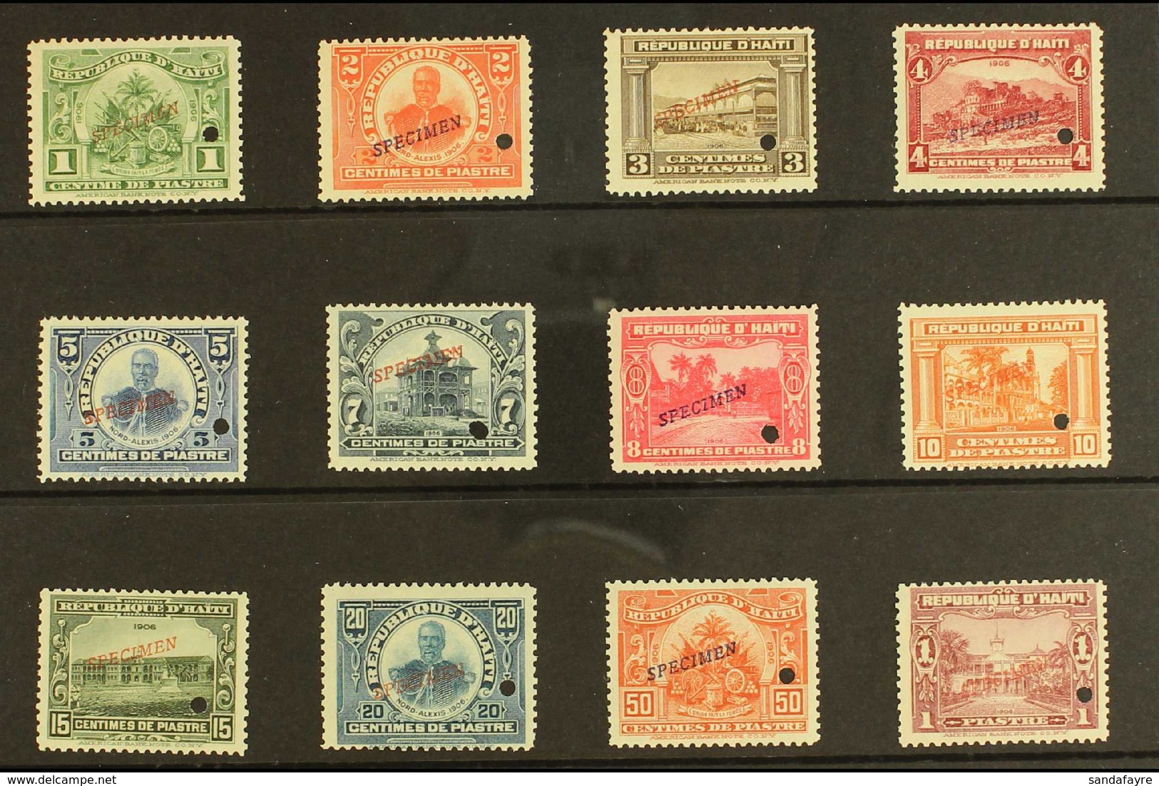 1906 For Foreign Use Definitive Set (SG 137/39 & 141/49) Overprinted "SPECIMEN" And With Security Punch Hole, Never Hing - Haiti