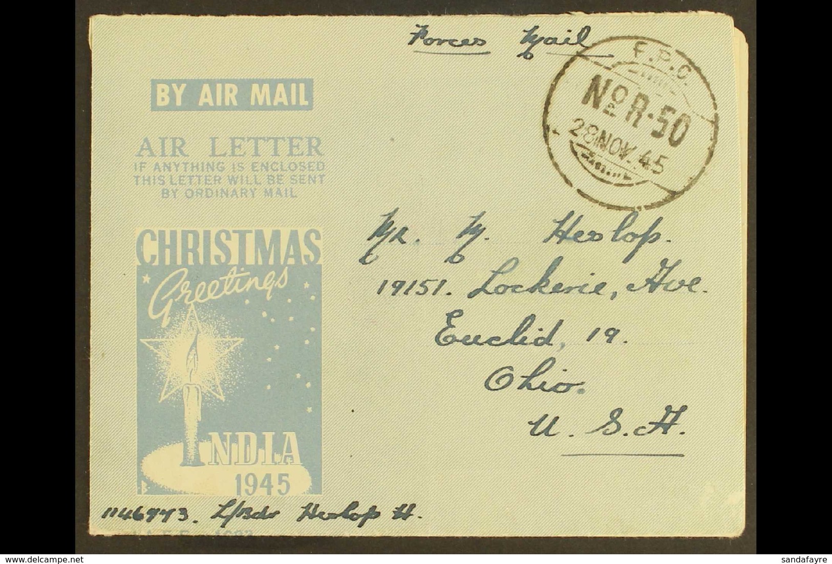 BRITISH MILITARY FORCES CHRISTMAS AEROGRAMME 1945 Illustrated Air Letter With 'Greetings From India' Candle Design, Kess - Sonstige & Ohne Zuordnung