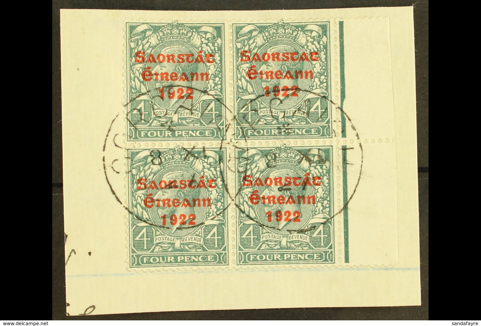 1922-23 SAORSTAT 4d Grey-green, Right Marginal Block Of Four, Showing NO ACCENT, SG 58a, On A Piece Tied By Cds's. For M - Altri & Non Classificati