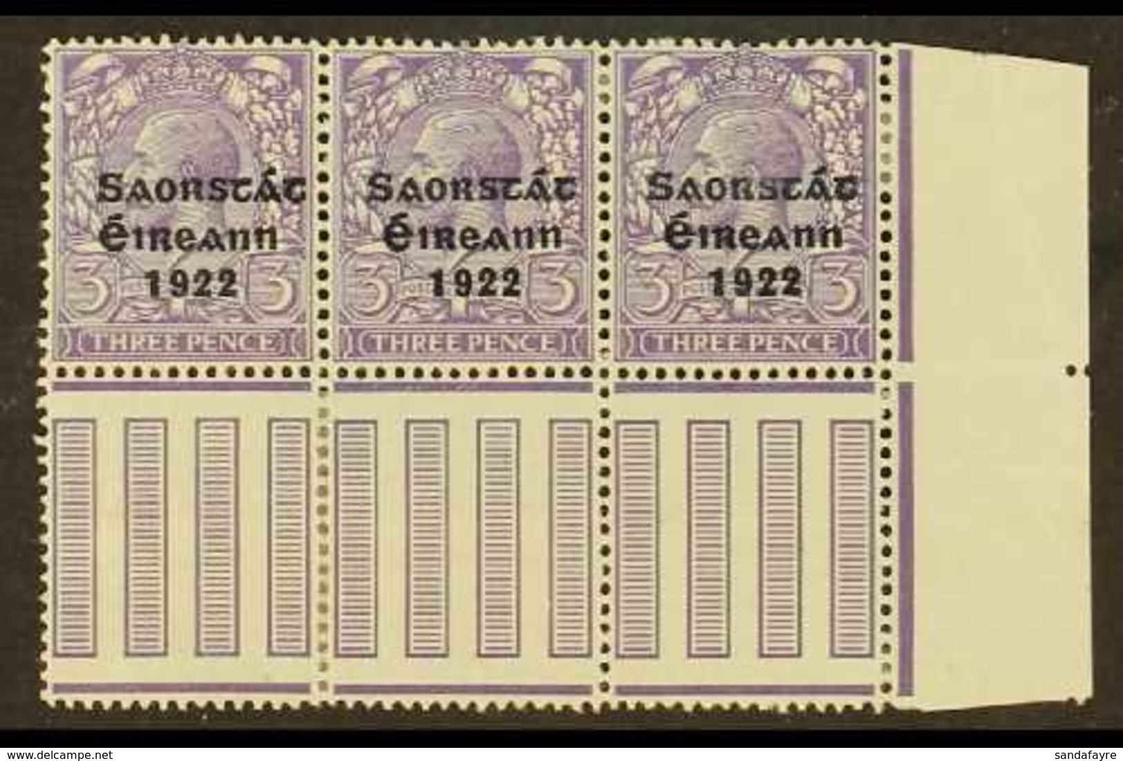 1922-23 VARIETY 3d Bluish Lilac (SG 57) Pane Marginal Corner Strip Of 3, Incorporates "S Over E" Variety, Row 10, Column - Altri & Non Classificati