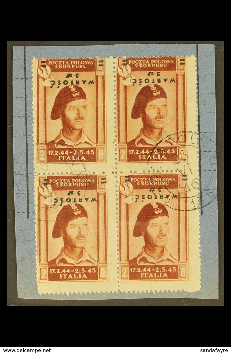 POLISH CORPS 1946 5z On 2z Red Brown Anders Airmail, Variety "Overprint Inverted", Sass 1b, Superb Used Block Of 4 Tied  - Non Classificati