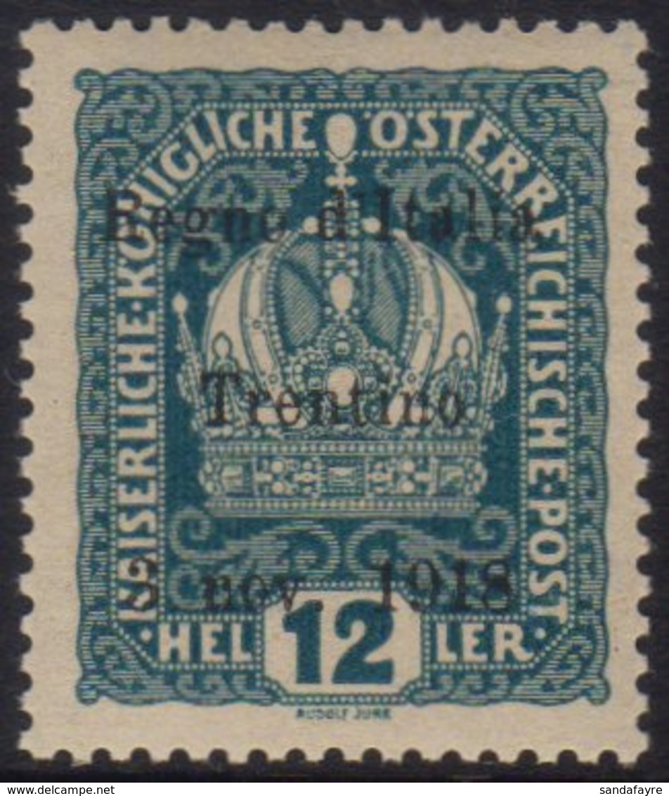 TRENTINO 1918 12h Blue-green Overprinted "Regno D'Italia Etc", Sass 5, Very Fine Never Hinged Mint. Signed Oliva. Cat €6 - Non Classificati