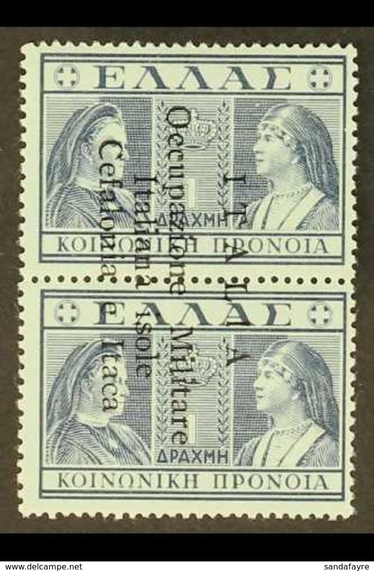 CEFALONIA & ITHACA 1941 1 +1d Blue Social Charity, Vertical Pair Overprinted, Sass 31, Very Fine Never Hinged Mint. Sign - Altri & Non Classificati
