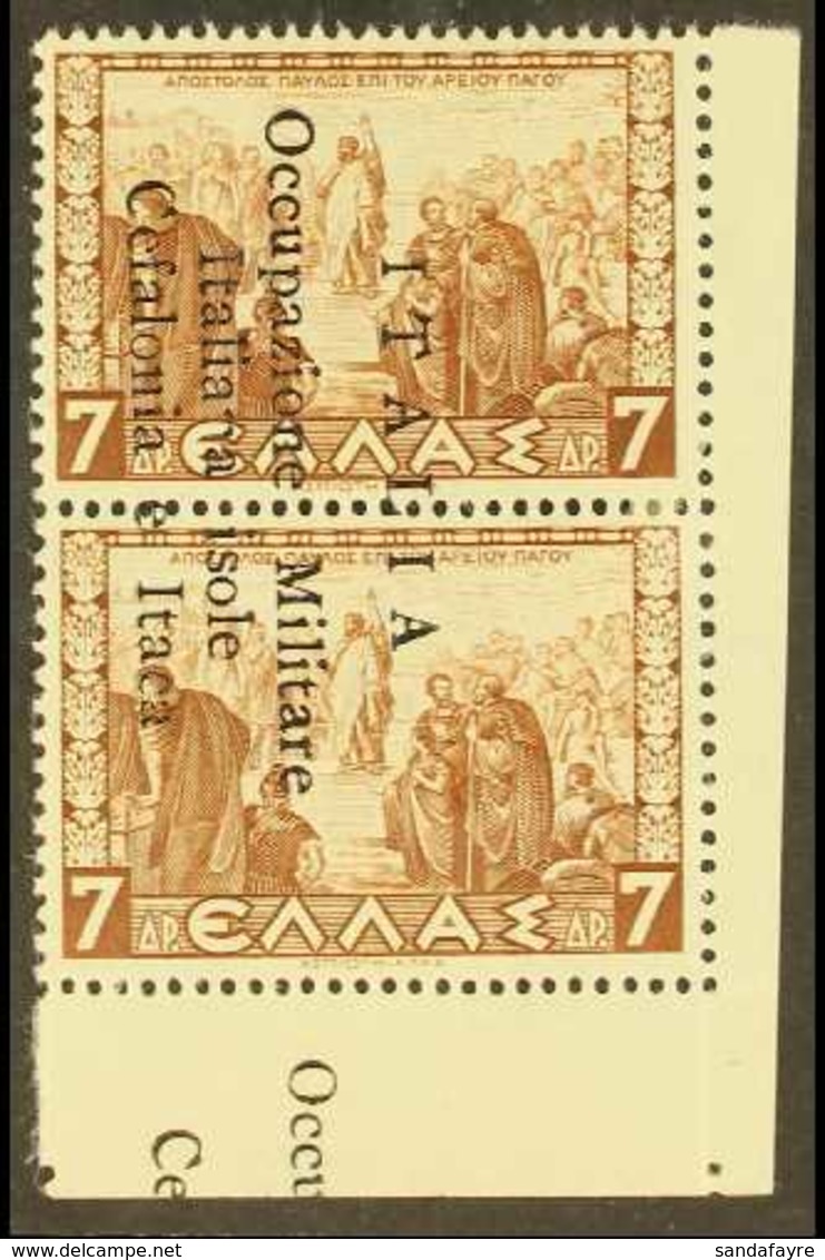 CEFALONIA & ITHACA 1941 7 + 7d Brown, Vertical Marginal Pair Overprinted, Sass 20, Very Fine Mint. Colour Photo Cert. Fo - Altri & Non Classificati