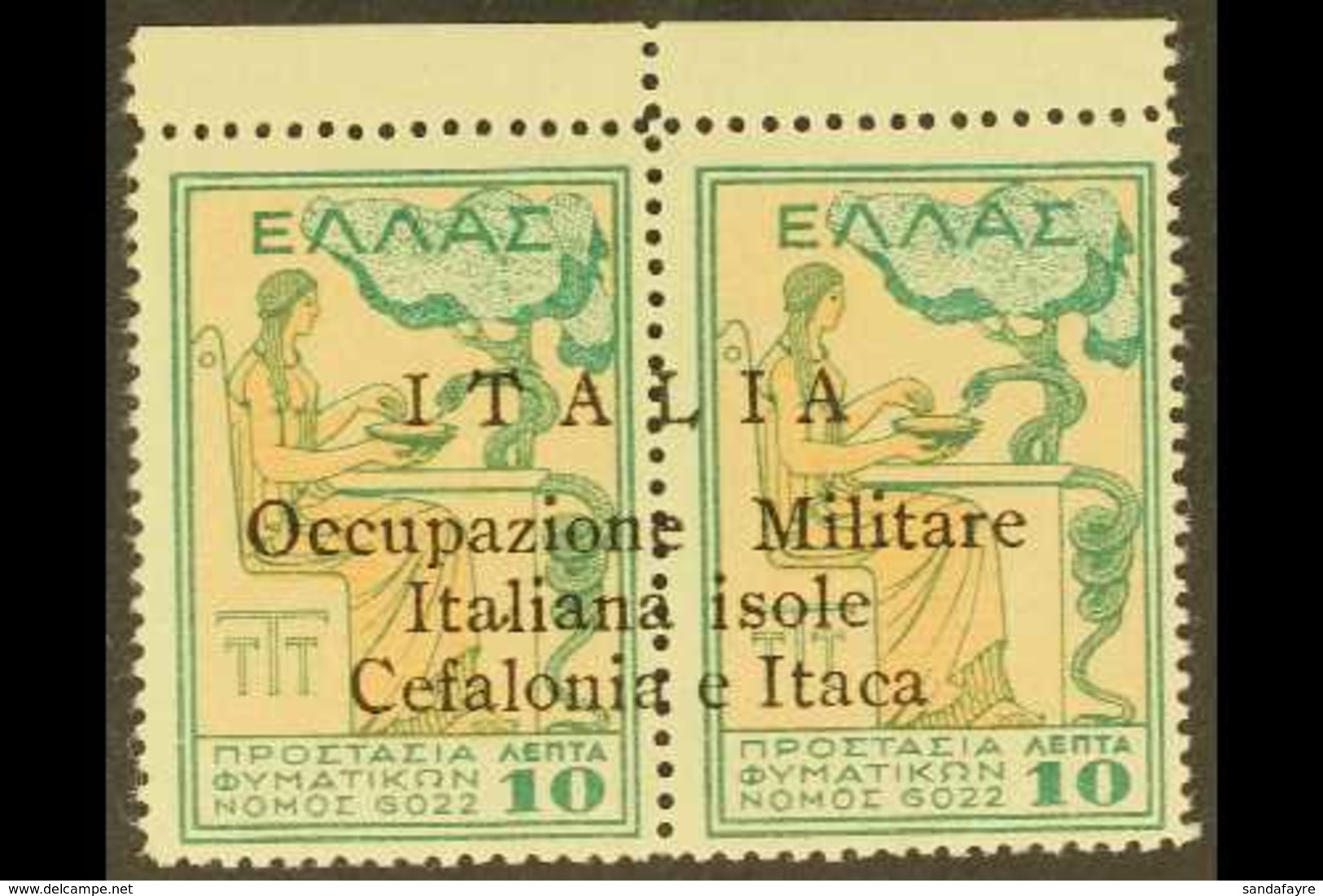 CEFOLONIA & ITHACA 1941 10 + 10L Green And Yellow Charity, Horizontal Pair, Sass 32, Very Fine Marginal Never Hinged Min - Altri & Non Classificati