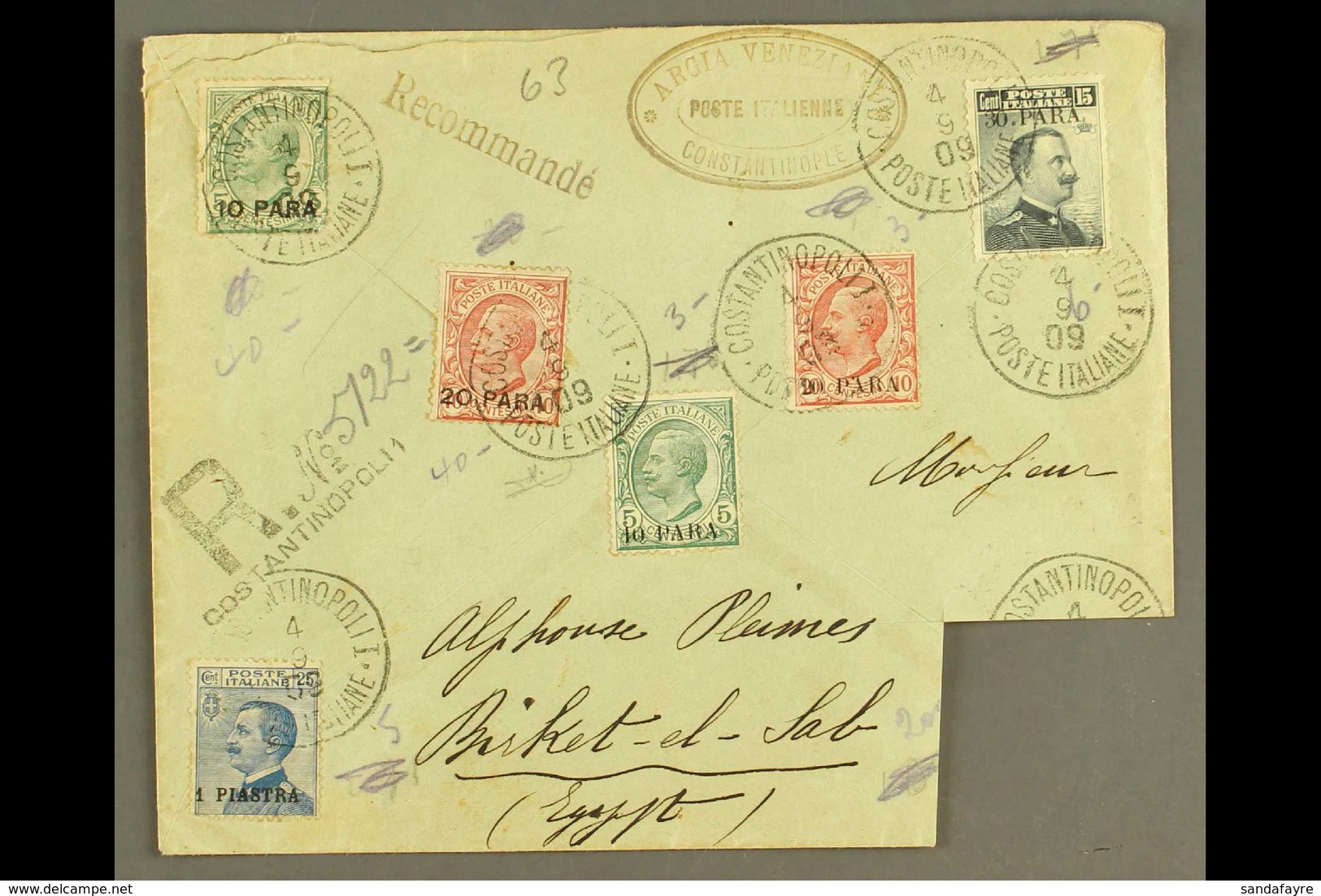 POST OFFICES IN TURKISH EMPIRE 1909 Registered Cover To Egypt, Franked With 1st Issue 1908 10pa On 5c & 20pa On 10c, 2nd - Sonstige & Ohne Zuordnung