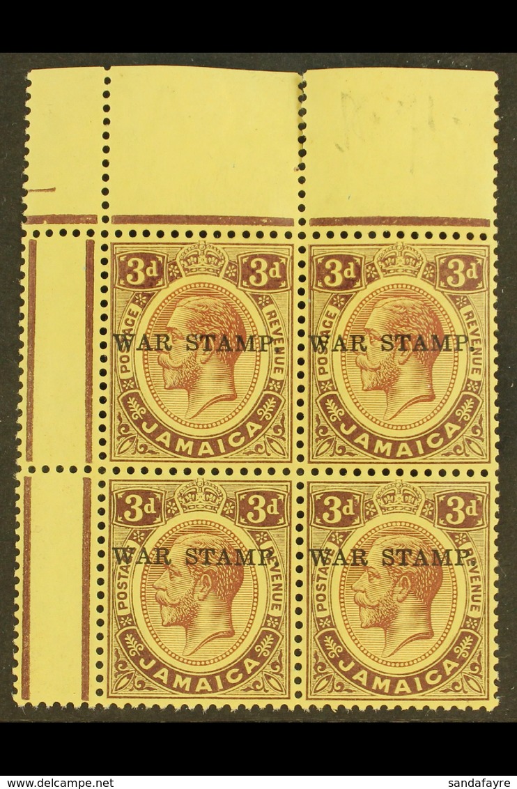 1916 3d Purple On Yellow (white Back) "War Stamp" Overprint, SG 69, Fine Mint (all Stamps Are Never Hinged) Corner BLOCK - Giamaica (...-1961)