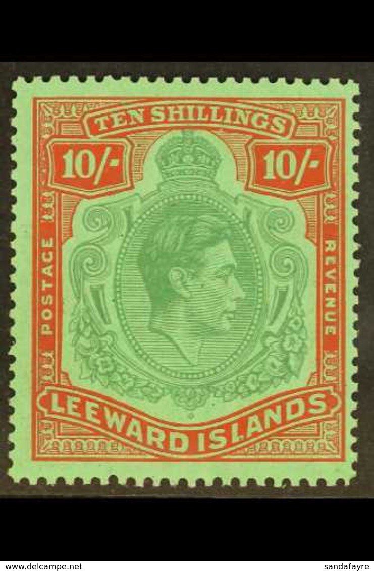 1938-51 10s Deep Green & Deep Vermilion KGVI Ordinary Paper, SG 113c, Fine Never Hinged Mint, Very Fresh. For More Image - Leeward  Islands