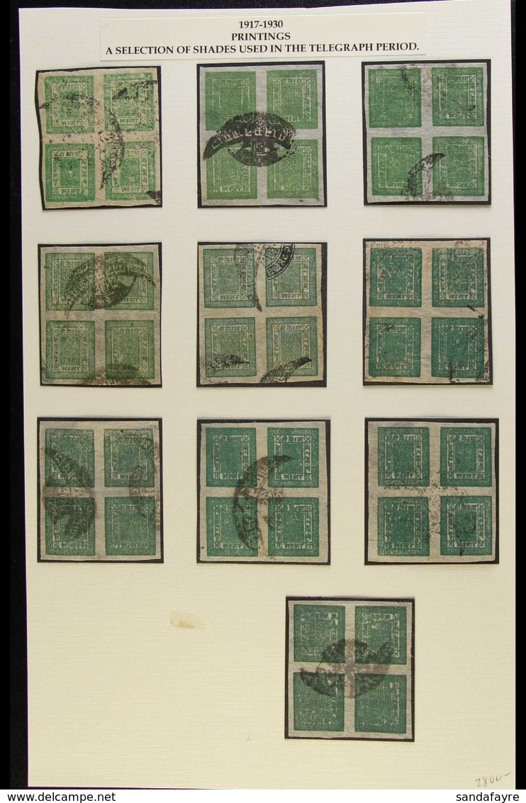 1917-30 4a Green (SG 41, Scott 17, Hellrigl 43), TEN BLOCKS OF FOUR Used With Telegraphic Cancels, Various Shades And Cl - Nepal