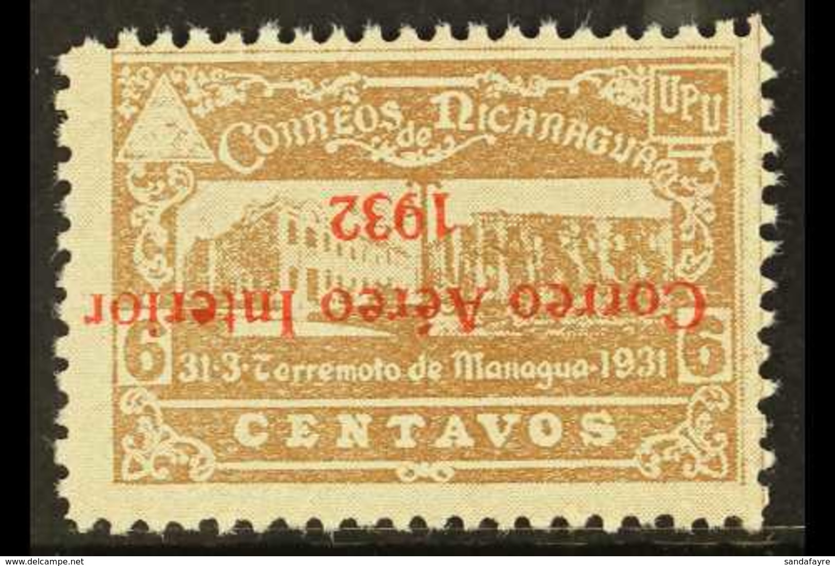 1932 6c Grey-brown With INVERTED OVERPRINT, Scott C37a, Unused, No Gum As Issued And Never Hinged. For More Images, Plea - Nicaragua