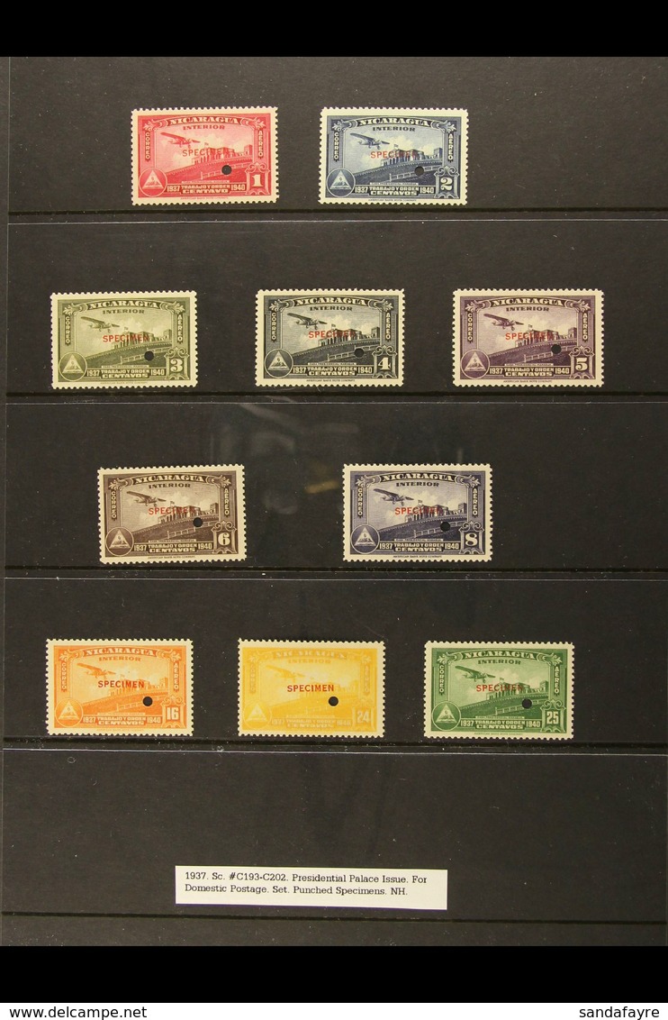 1937 AIR "Presidential Palace" Complete Set (Sc C139/202, SG 965/74) Overprinted "SPECIMEN" And With Security Punch Hole - Nicaragua