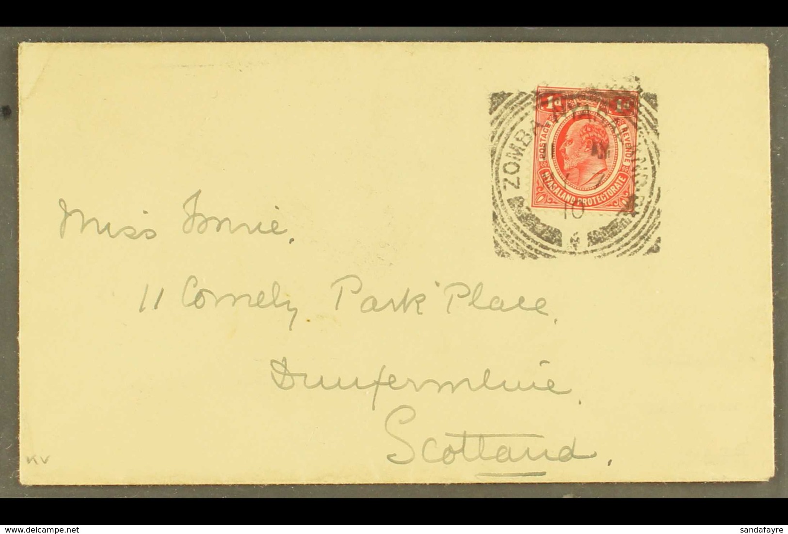 1910 Fine Cover Addressed To Scotland, Franked KEVII 1d With Superb Strike Of "Zomba" Squared Circle, Fine Strikes Of "C - Nyassaland (1907-1953)