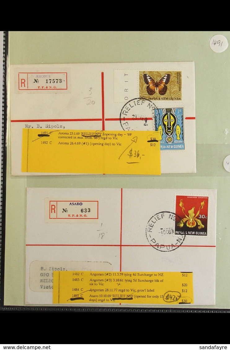 RELIEF POST OFFICE COVERS 1964-1977 Collection Of Registered Covers To Australia Bearing Stamps Tied By "RELIEF No. ..." - Papua-Neuguinea