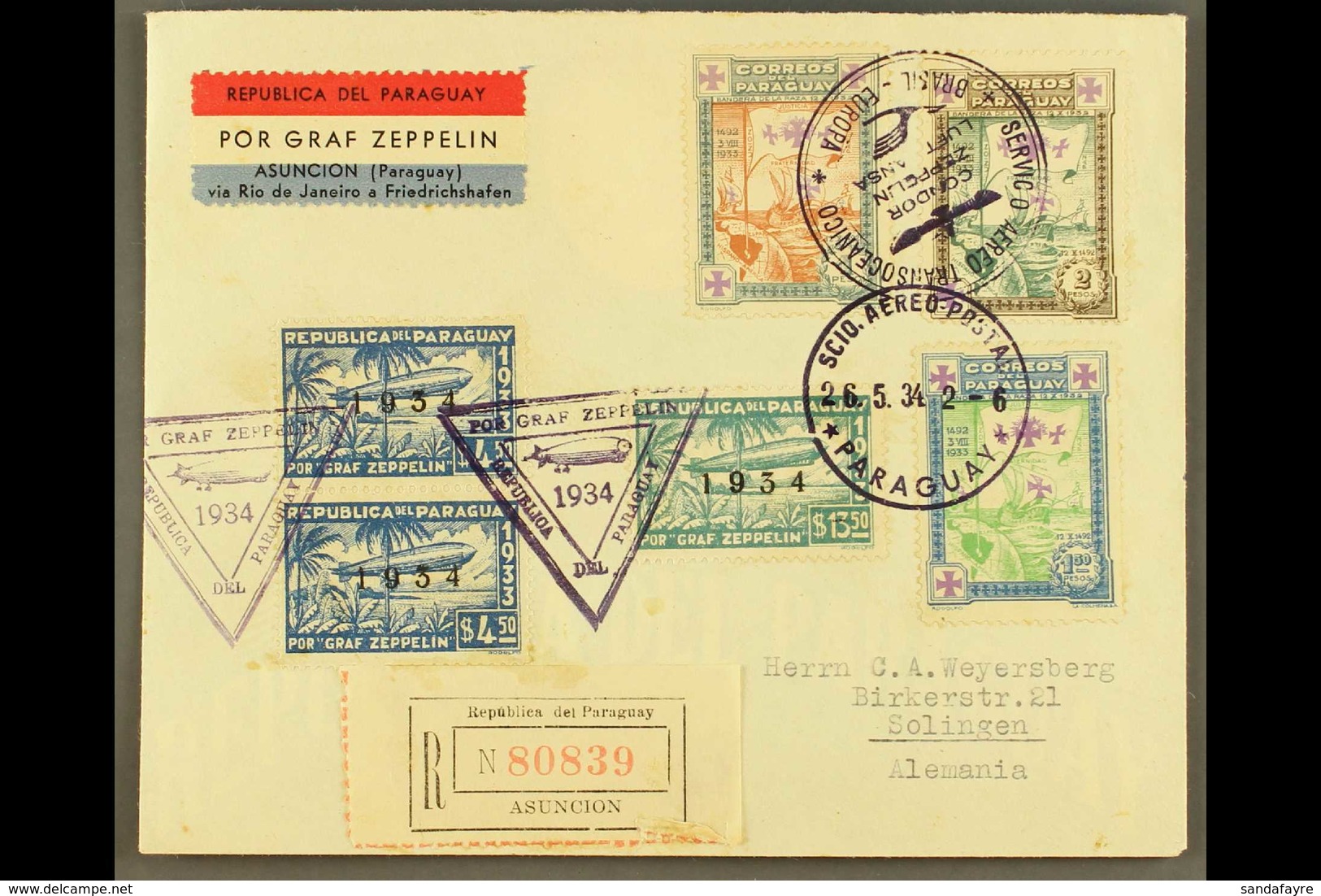 1934 Registerd Air Letter To Germany Franked 1p, 1p50 And 2p "Flag" Stamps Tied Various Cds Cancels Incl Condor, Lufthan - Paraguay