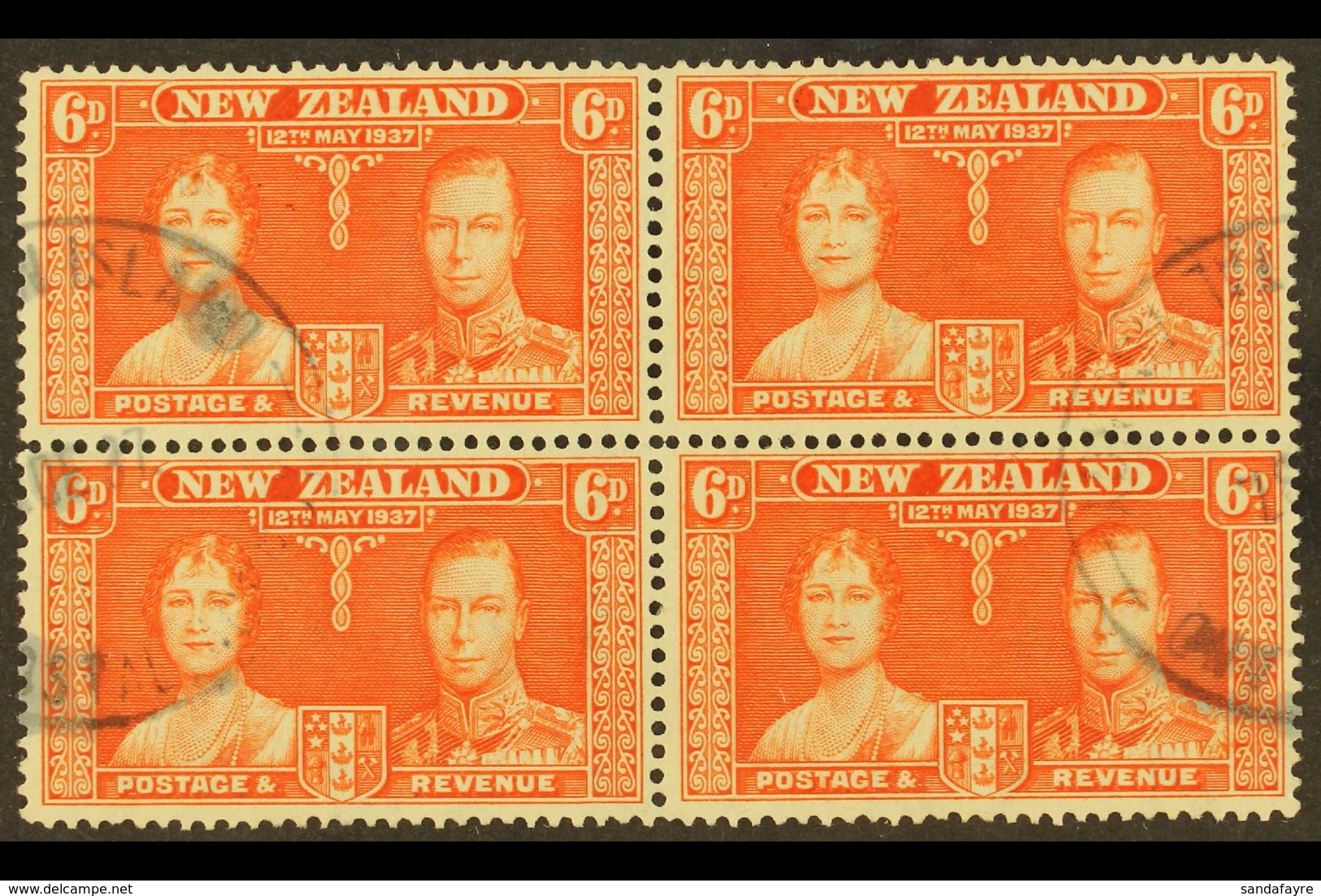 1937 6d Red-orange Coronation Of New Zealand, A Fine Used Block Of Four Showing Two Part "PITCAIRN ISLAND" Cds Cancels O - Pitcairn