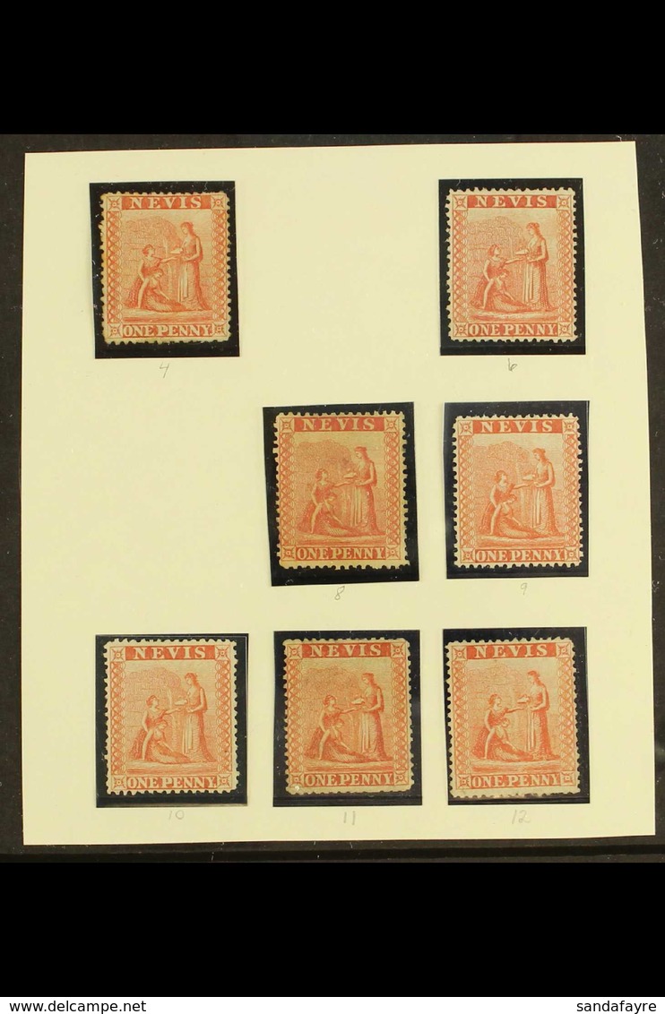 1866-76 1d PARTIAL SHEET RECONSTRUCTION. 1d Pale/deep Red, SG 9/10, Seven Unused No Gum Plated Examples - Positions 4, 6 - St.Cristopher-Nevis & Anguilla (...-1980)