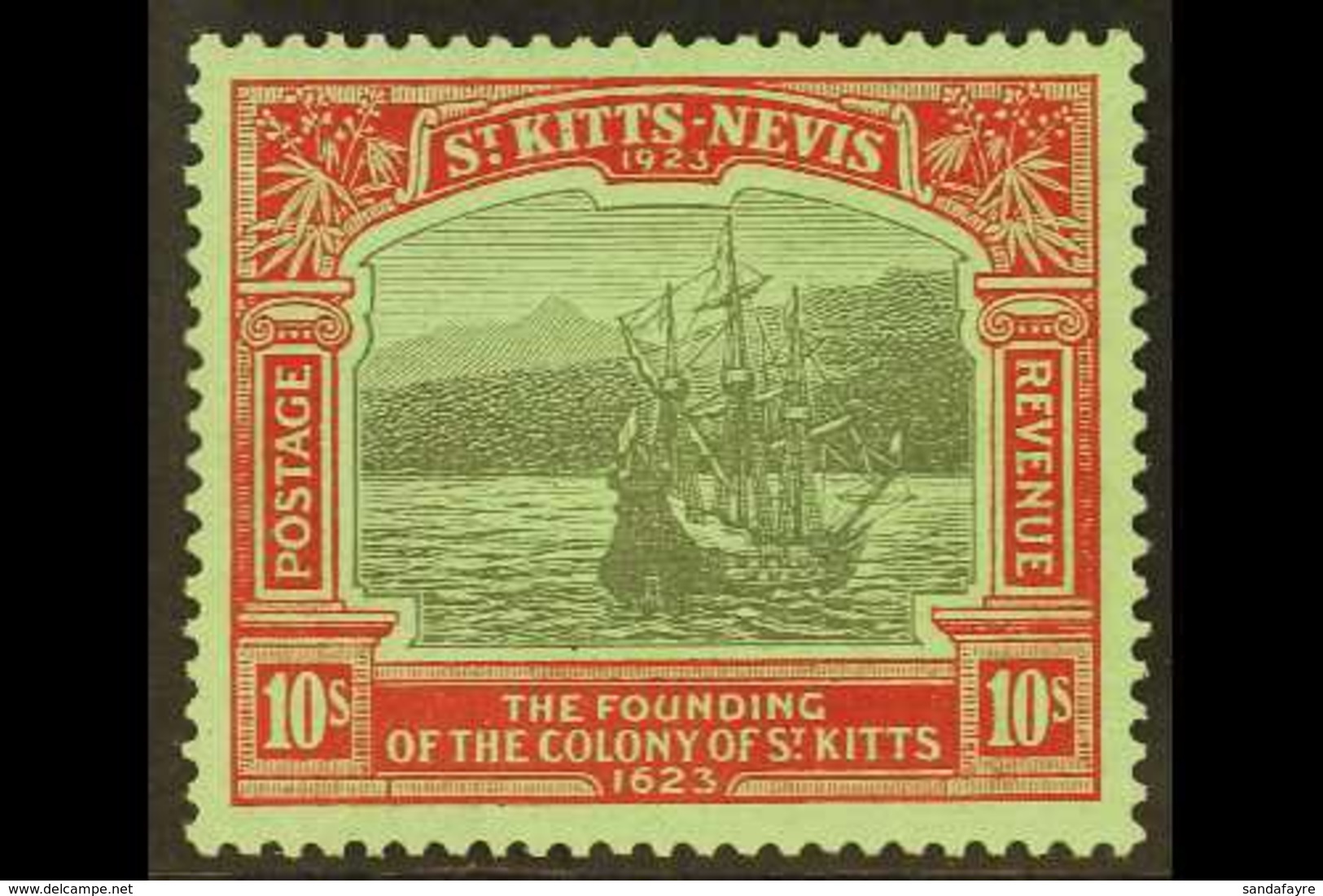 1923 10s Black & Red/emerald "Mount Misery, SG 58, Very Fine Mint For More Images, Please Visit Http://www.sandafayre.co - St.Kitts E Nevis ( 1983-...)