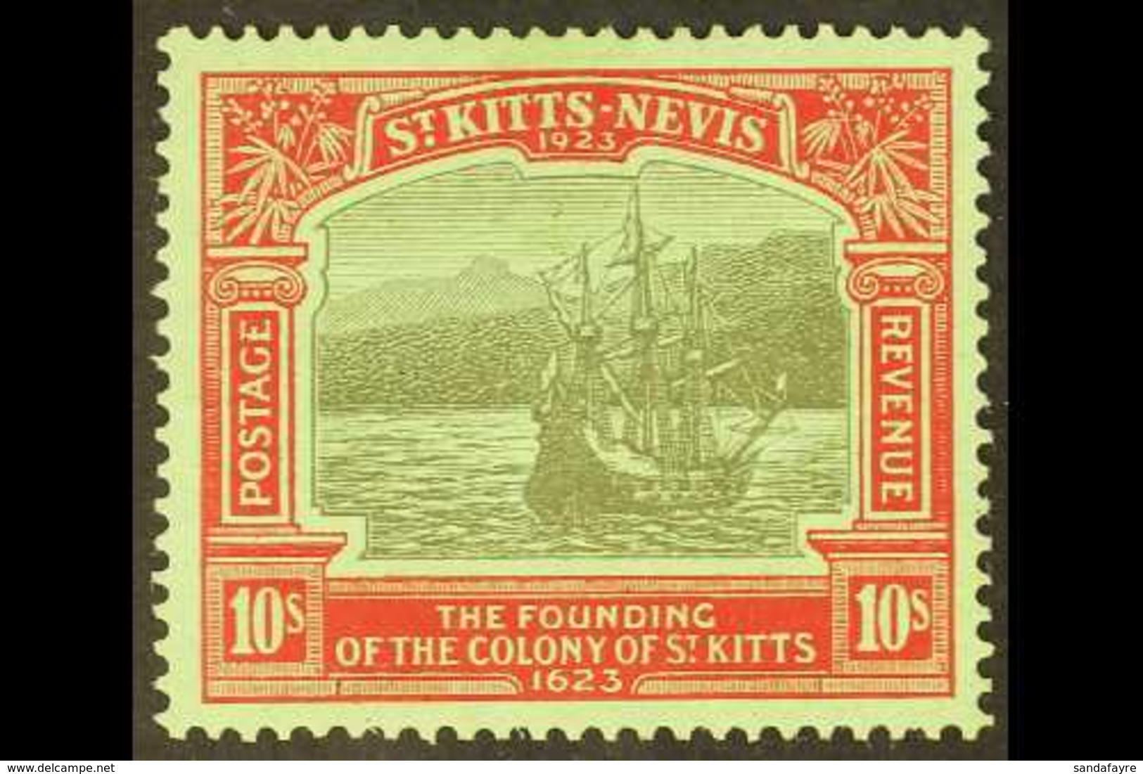 1923 10s Black & Red/emerald "Tercentenary Of Colony", SG 58, Very Fine Lightly Hinged Mint For More Images, Please Visi - St.Kitts E Nevis ( 1983-...)