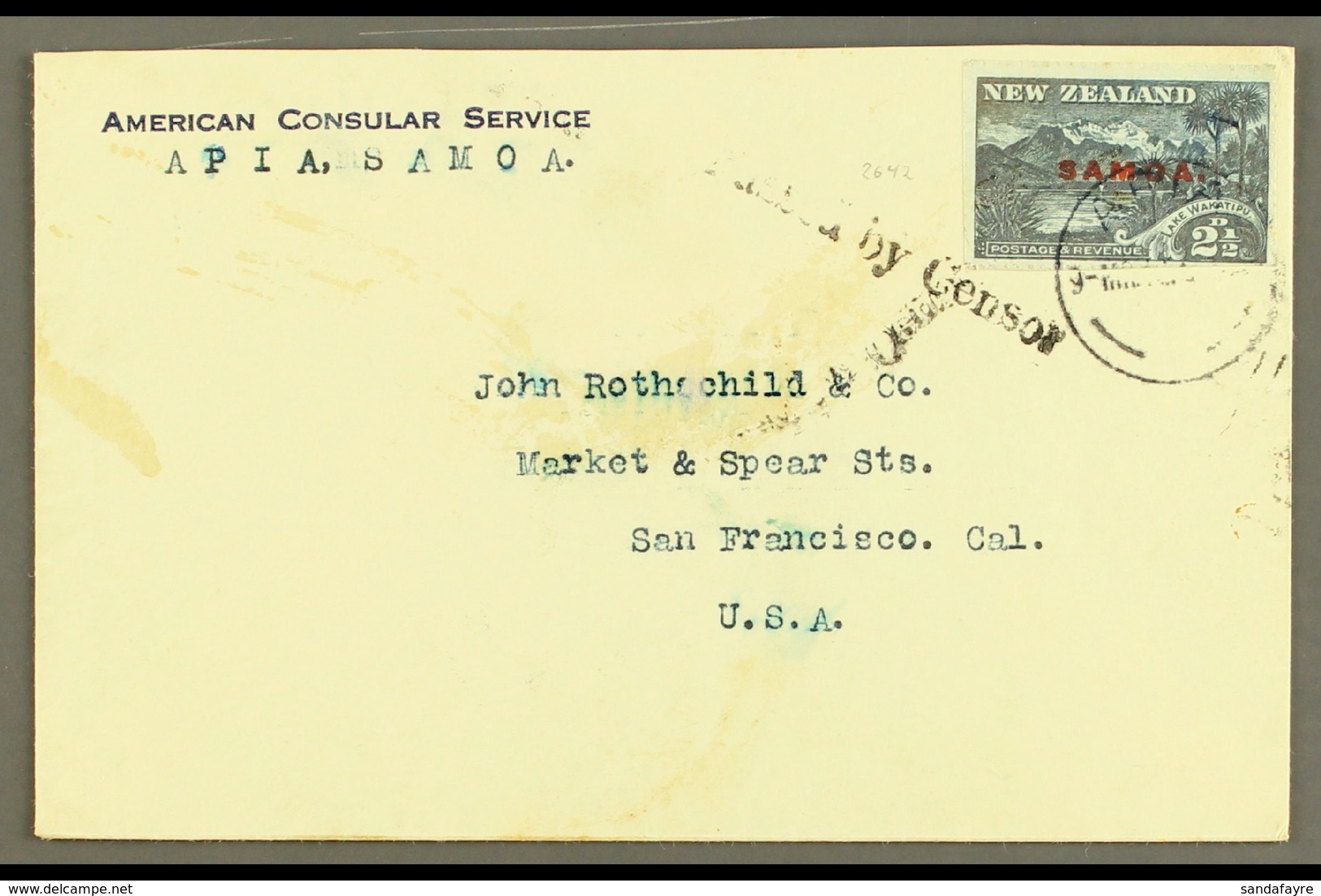 1914-15 2½d Deep Blue, SG 118, Used On "American Consular Service" Envelope To USA, "Passed By Censor" Single Line Cache - Samoa (Staat)