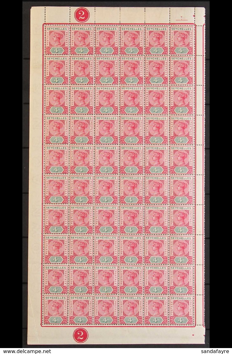 1892 4c. Carmine And Green Die II, SG 9, Never Hinged Mint Pane Of Sixty With Plate Number "2". (60 Stamps) For More Ima - Seychelles (...-1976)