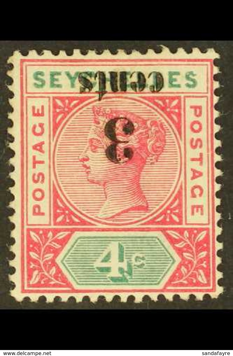 1893 3c On 4c Carmine And Green, Surcharge Inverted, SG 15a, Fine Mint. For More Images, Please Visit Http://www.sandafa - Seychelles (...-1976)