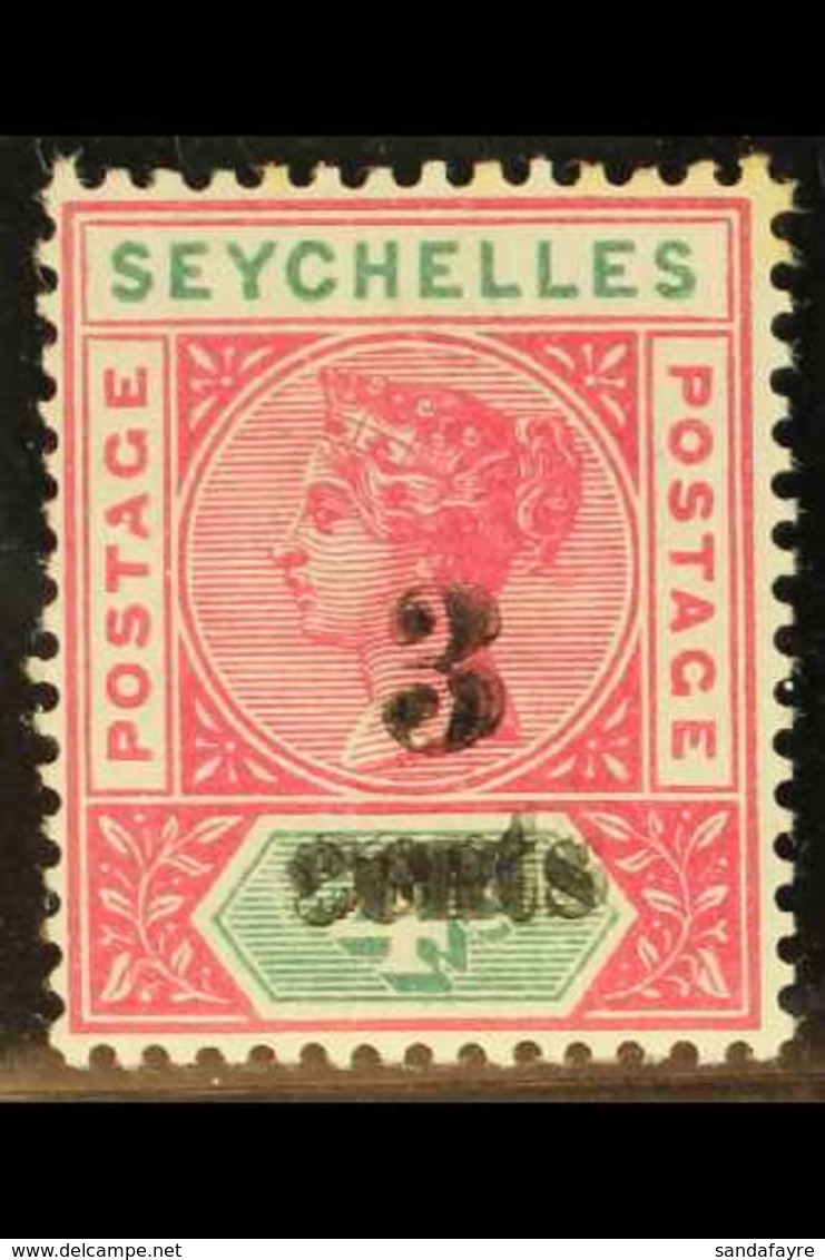 1893 3c On 4c Carmine And Green, Surcharge Double, SG 15b, Mint With Some Toning, Royal Certificate. For More Images, Pl - Seychelles (...-1976)
