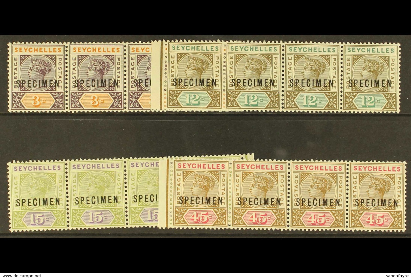1893 New Values 3c. To 45c.set, Each In A Horizontal Strip Of Four, Overprinted "SPECIMEN", SG 22/25s, Superb Never Hing - Seychelles (...-1976)