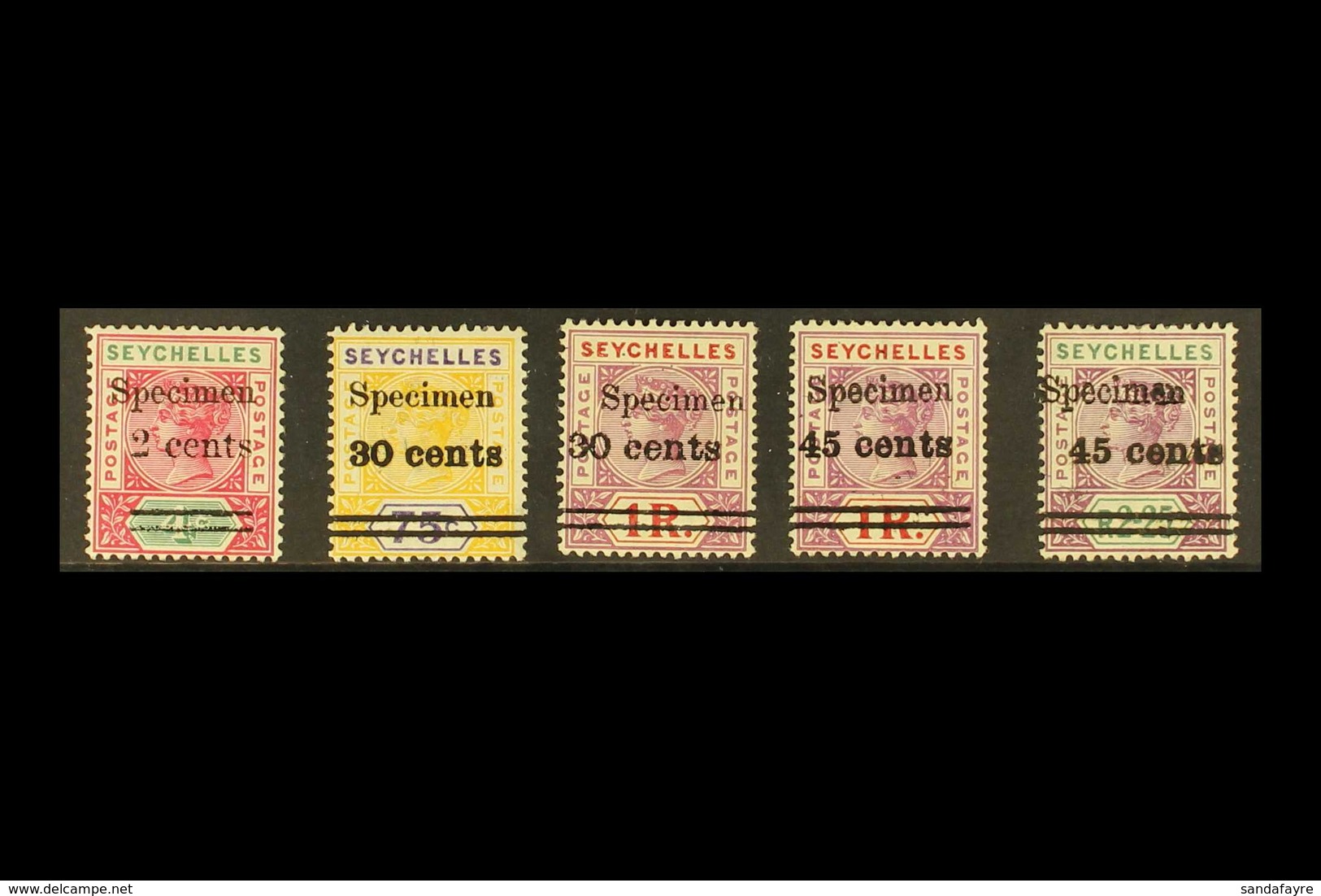 1902 Surcharges Set Overprinted "SPECIMEN", SG 41/45s, Fine Mint. (5 Stamps) For More Images, Please Visit Http://www.sa - Seychelles (...-1976)