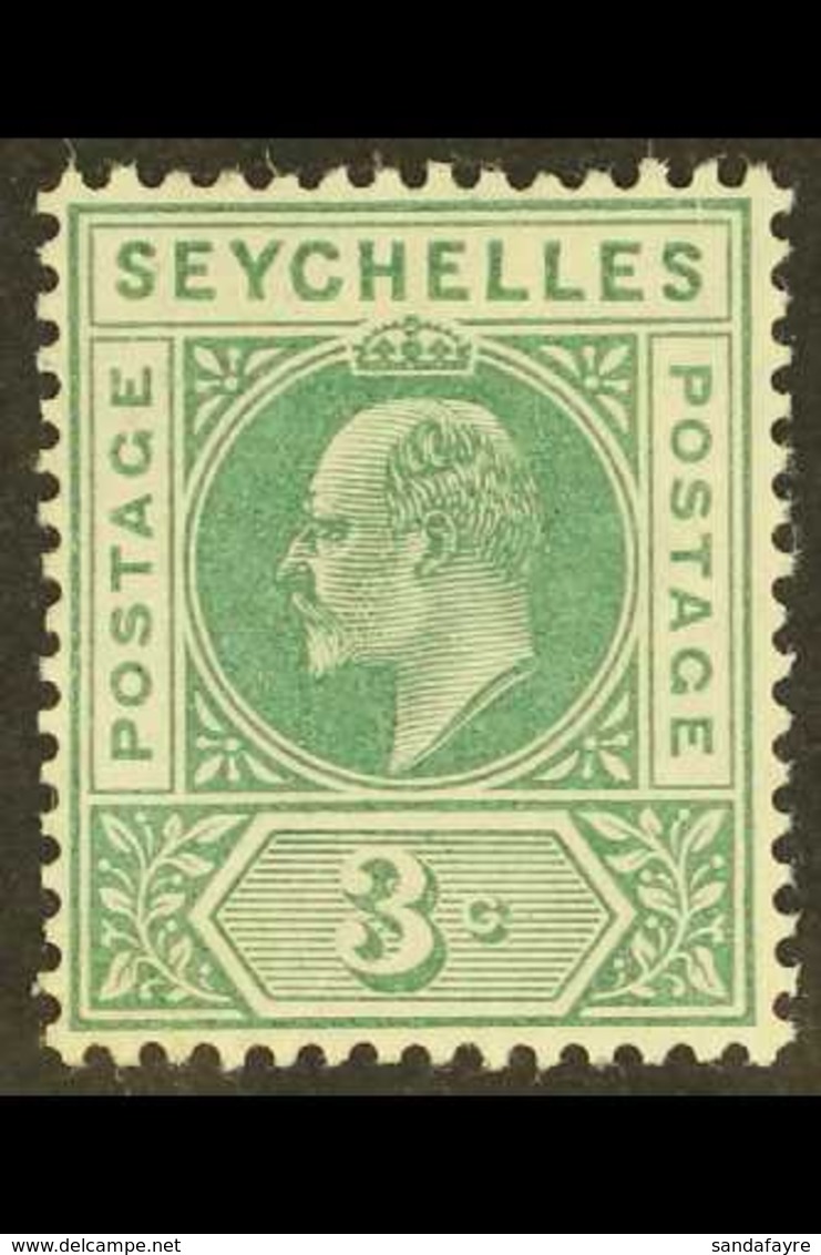 1906 3c. Dull Green, SG 61, With "slotted Frame" Variety, Fine Mint, As Scarce As The Dented Frames. For More Images, Pl - Seychelles (...-1976)
