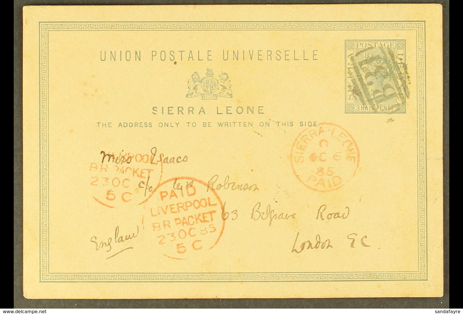 1883 (Oct) 1½d Postal Card To London, Cancelled B31, Red Sierra Leone Paid Cds Alongside, Liverpool Br. Packet Cds's At  - Sierra Leone (...-1960)