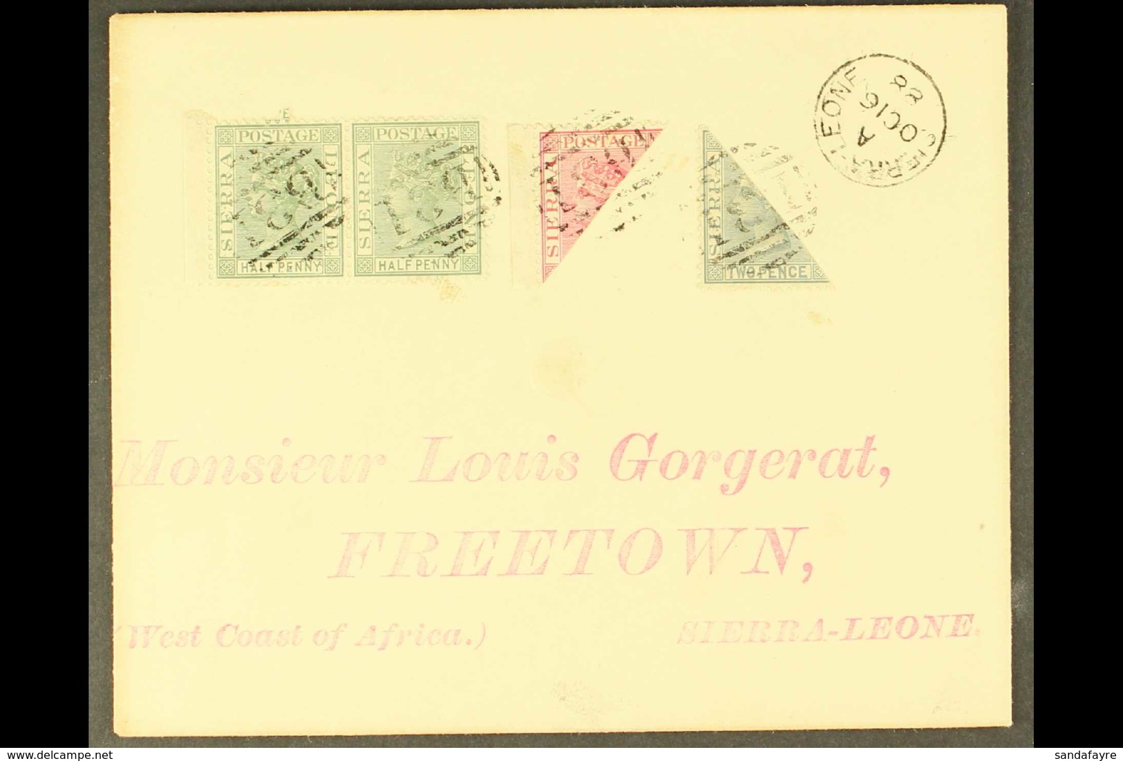 1888 (Oct) Attractive "Gorerat" Local Envelope Bearing 1884 ½d Pair, And BISECTED 1d And 2d, Each Tied By B31 , With Pro - Sierra Leone (...-1960)