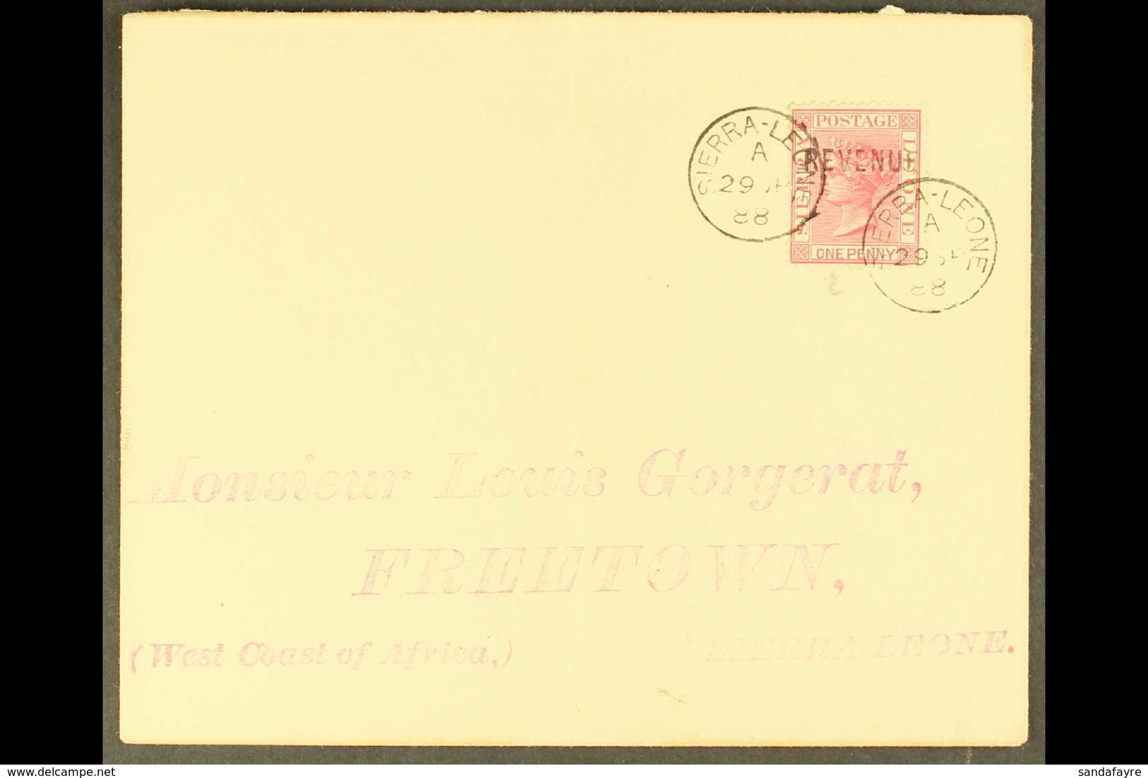 1888 (Sept) Attractive "Gorgerat" Local Envelope, Bearing 1d Rose With "REVENUE" Overprint, Tied By Sierra Leone (Proud  - Sierra Leone (...-1960)