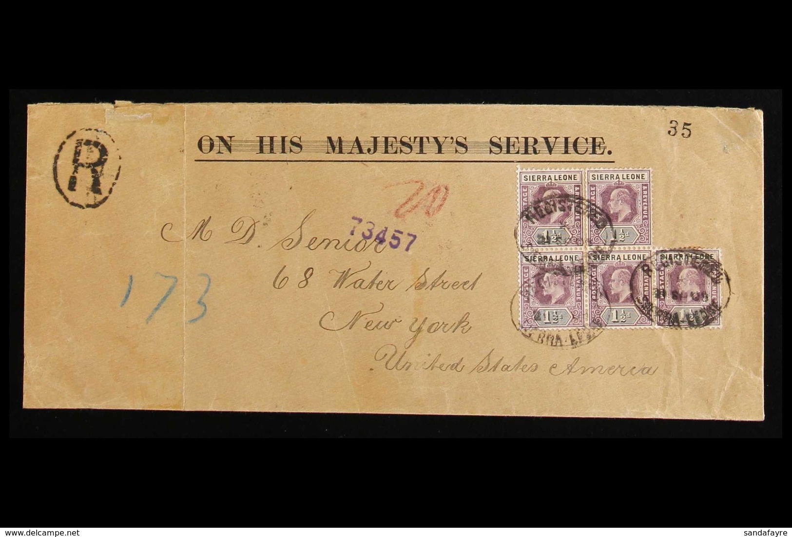 1905 (Sept) OHMS With Bars Through Envelope, Registered To New York, Bearing 1½d Chalky Paper (SG 88) Irregular Block Of - Sierra Leone (...-1960)
