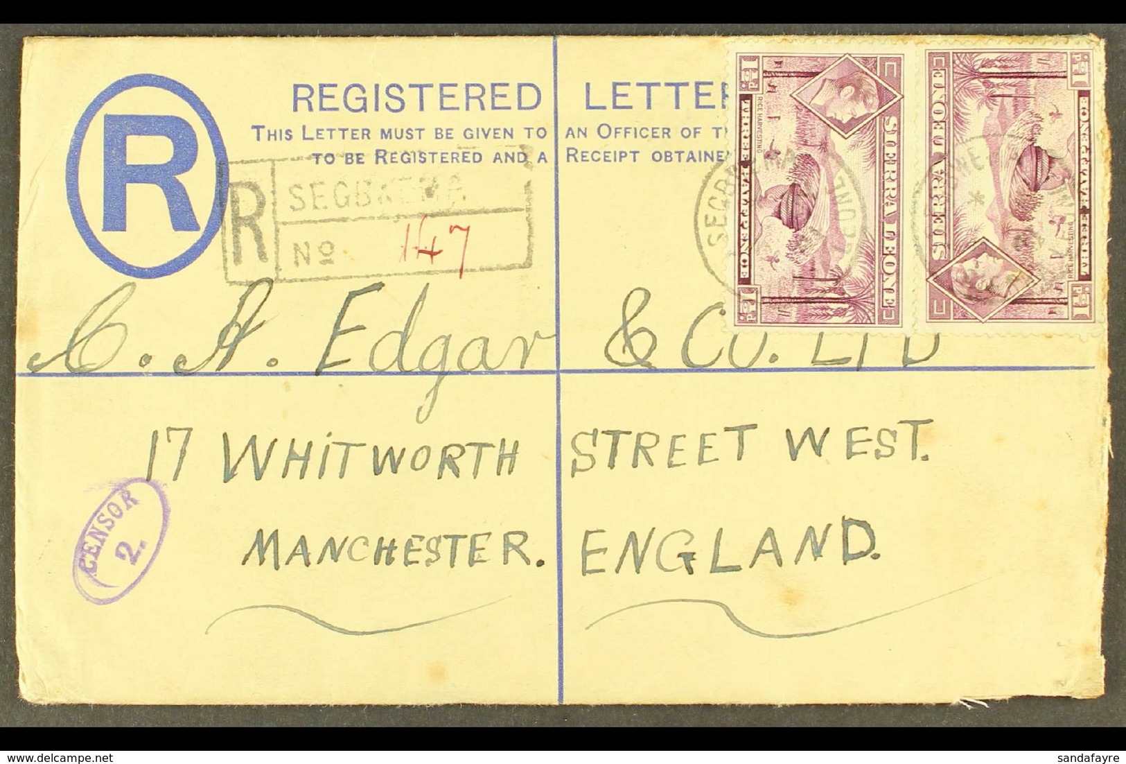 1941 (July) KGVI 3d Registered Envelope With Additional 1½d Pair, Segbwema To England, Fine Oval Violet "CENSOR 2.", Att - Sierra Leone (...-1960)