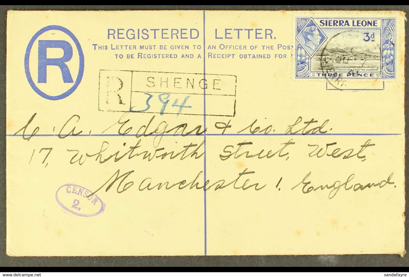 1941 (June) KGVI 3d. Registered Envelope Bearing Additional 3d, Shenge To England, Showing Oval Violet "CENSOR 2.", Neat - Sierra Leone (...-1960)