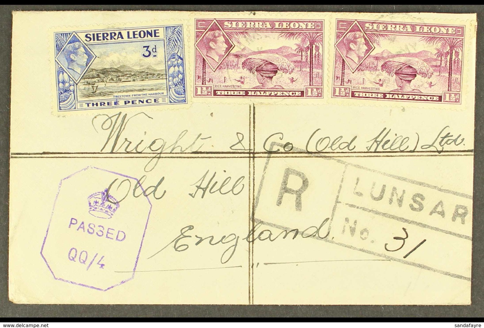 1945 (May) Envelope Registered From Lunsar To England, Bearing 1½d X2 And 3d Tied Cds's, Lunsar Boxed Registration Mark, - Sierra Leone (...-1960)