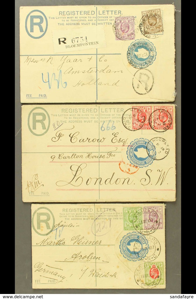 ORANGE RIVER COLONY 1906-1908 Three Used Postal Stationery 4d Registered Envelopes Addressed To England, Germany & Nethe - Non Classificati