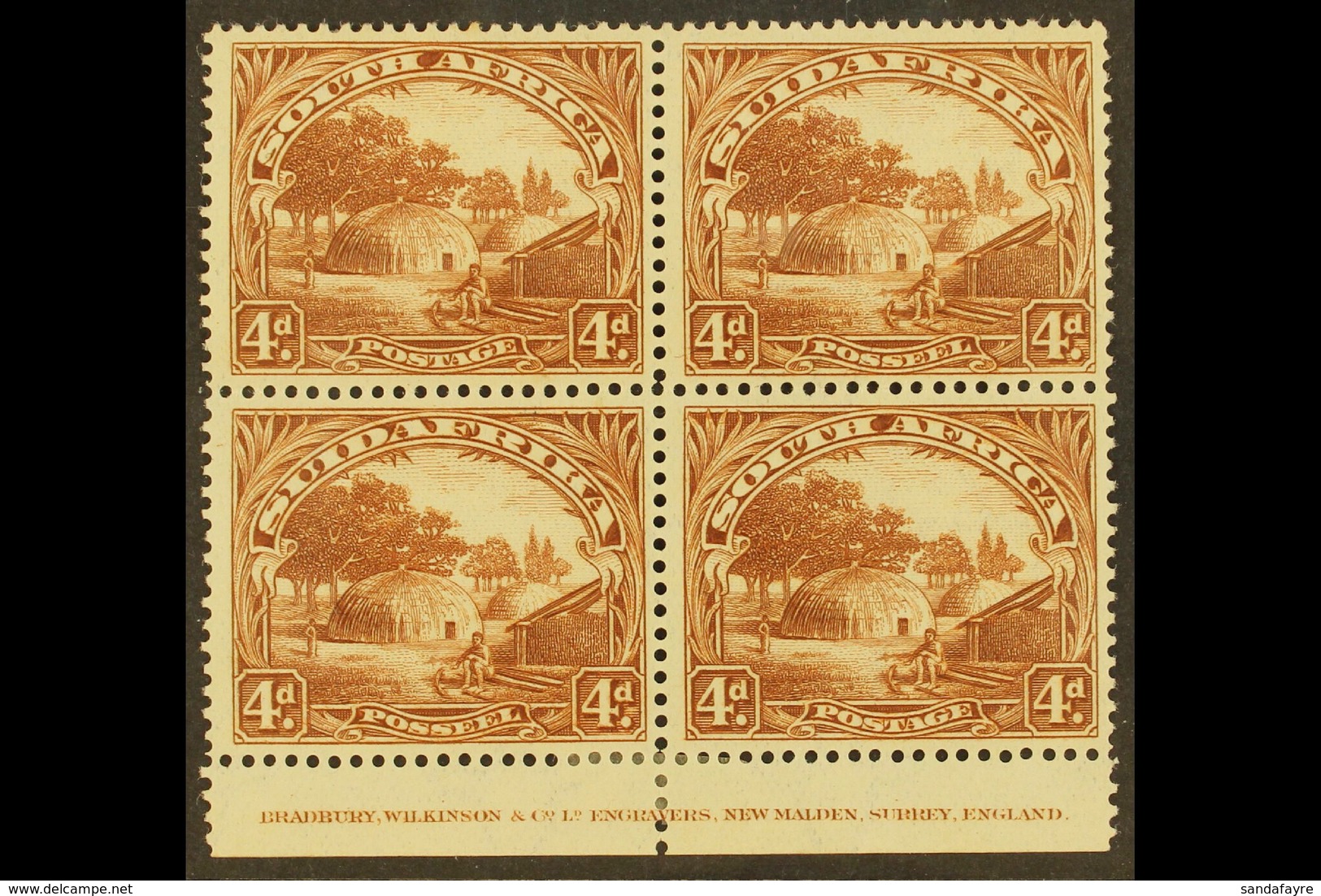 1927-30 4d Brown, Perf.14 X 13½, Imprint Block Of 4, SG 35c, One Slightly Toned Perf At Top, Otherwise Very Fine Mint. F - Non Classificati