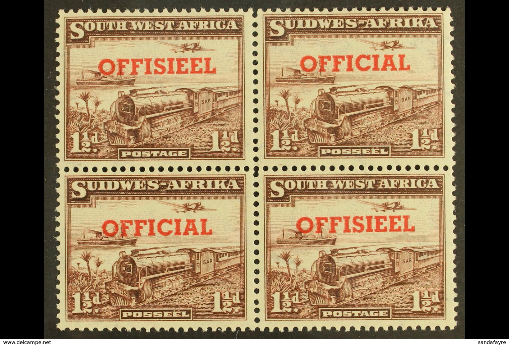 OFFICIAL 1951-2 1½d TRANSPOSED OVERPRINTS In A Block Of Four, SG O25a, Top Pair Lightly Hinged, Lower Pair Never Hinged  - Africa Del Sud-Ovest (1923-1990)