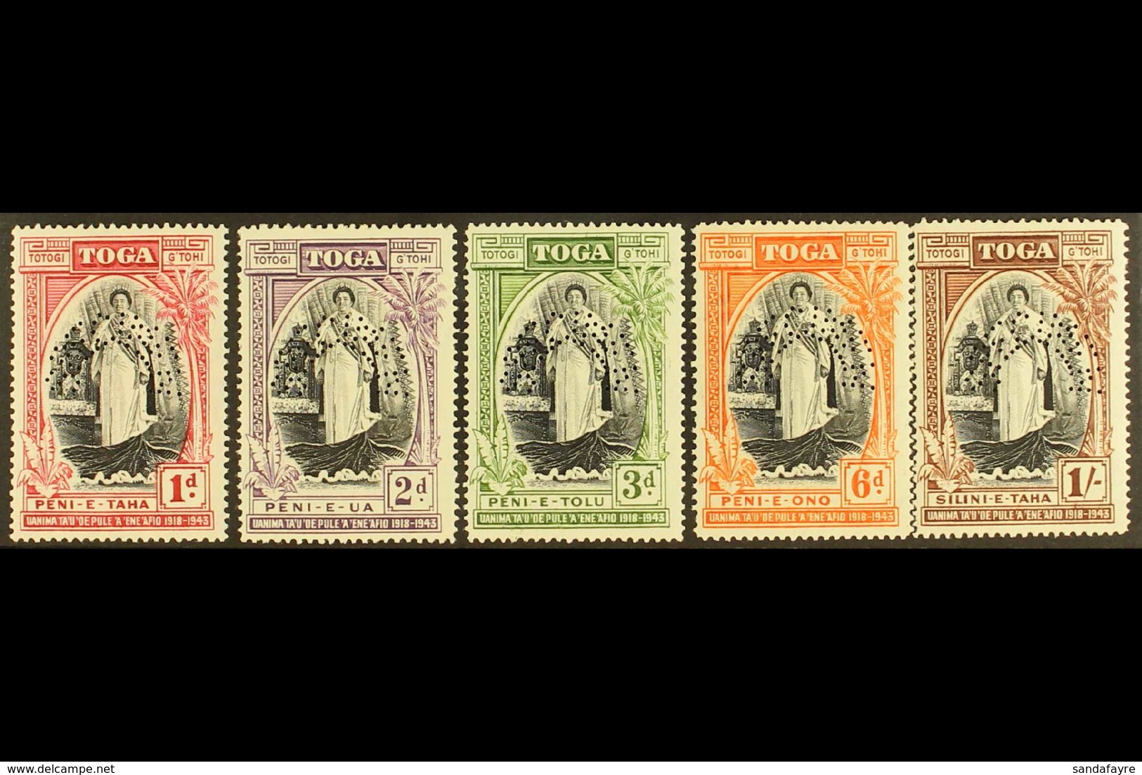 1944 Silver Jubilee Set, Perf. "SPECIMEN", SG 83/87, Fine Mint. (5) For More Images, Please Visit Http://www.sandafayre. - Tonga (...-1970)