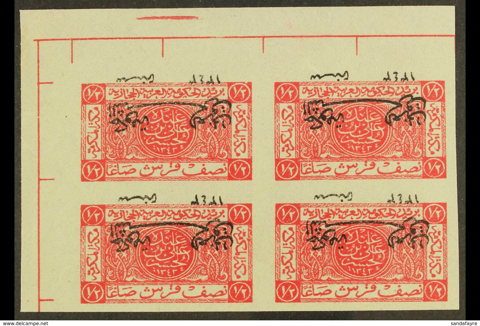 1925 (2 Aug) ½p Carmine IMPERF WITH INVERTED OVERPRINT (as SG 137a) BLOCK OF FOUR On Gummed Paper, From The Upper Left C - Giordania