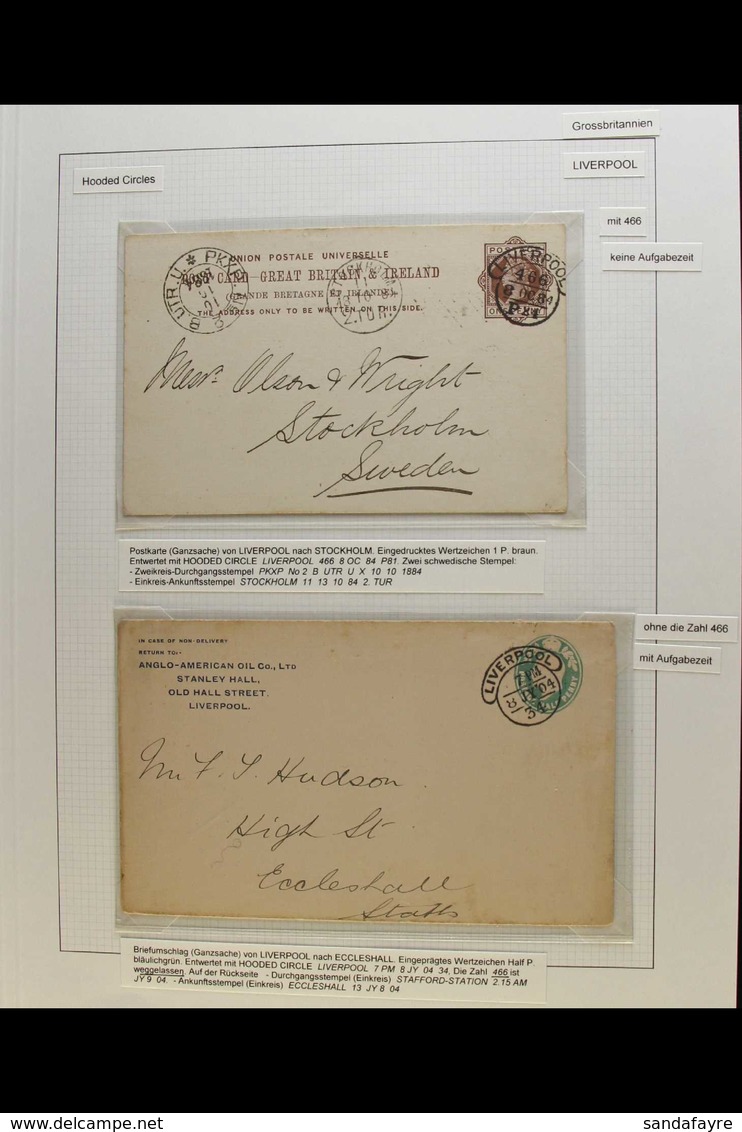 HOODED CIRCLE POSTMARKS  LIVERPOOL - COLLECTION Of Covers & Postal Stationery Items Incl. 1884 1d Postal Card To Sweden, - Altri & Non Classificati