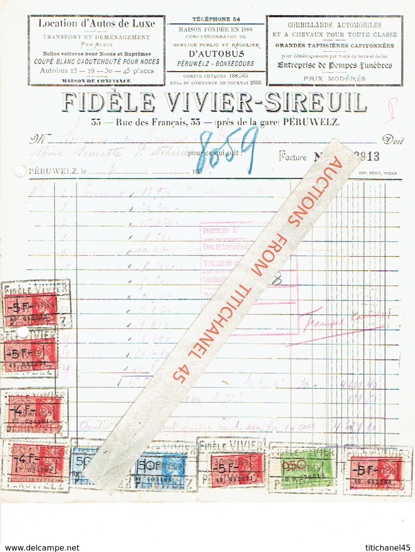 Facture 1939 PERUWELZ - Fidèle VIVIER-SIREUIL -Louage Voitures, Déménagements, Transport, Corbillards, Tapissières - Other & Unclassified