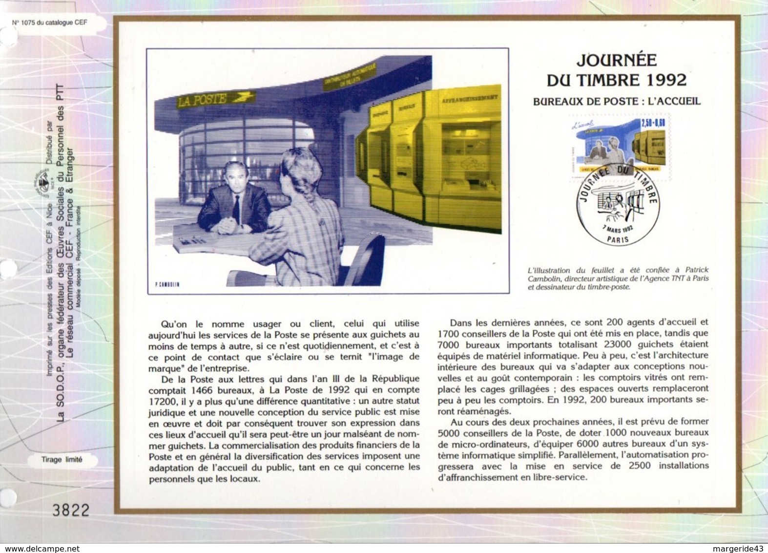 1992 DOCUMENT FDC JOURNEE DU TIMBRE - Documenten Van De Post