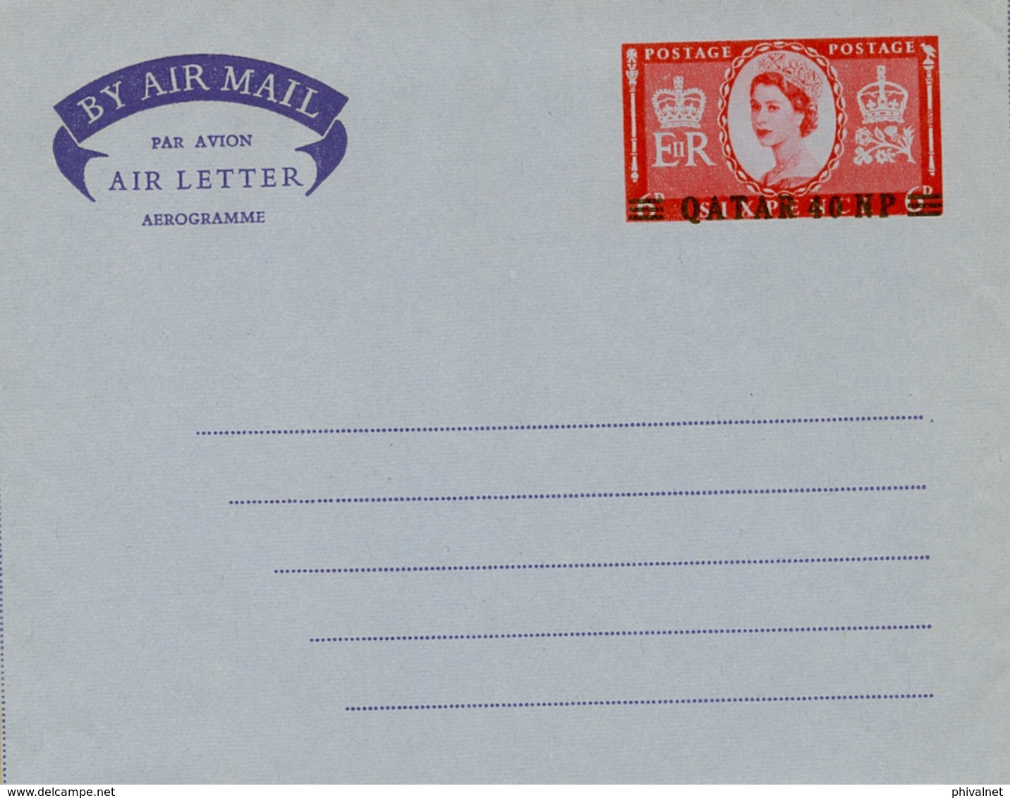 1957 , QATAR , AEROGRAMA Nº 1 SIN CIRCULAR , ISABEL II SOBRECARGADO 40 NP SOBRE 6 P - Qatar