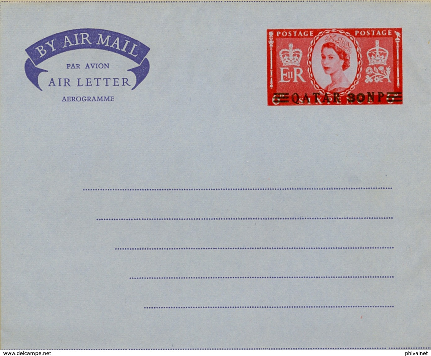 1959 , QATAR , AEROGRAMA Nº 2 SIN CIRCULAR , ISABEL II SOBRECARGADO 30 NP SOBRE 6 P - Qatar