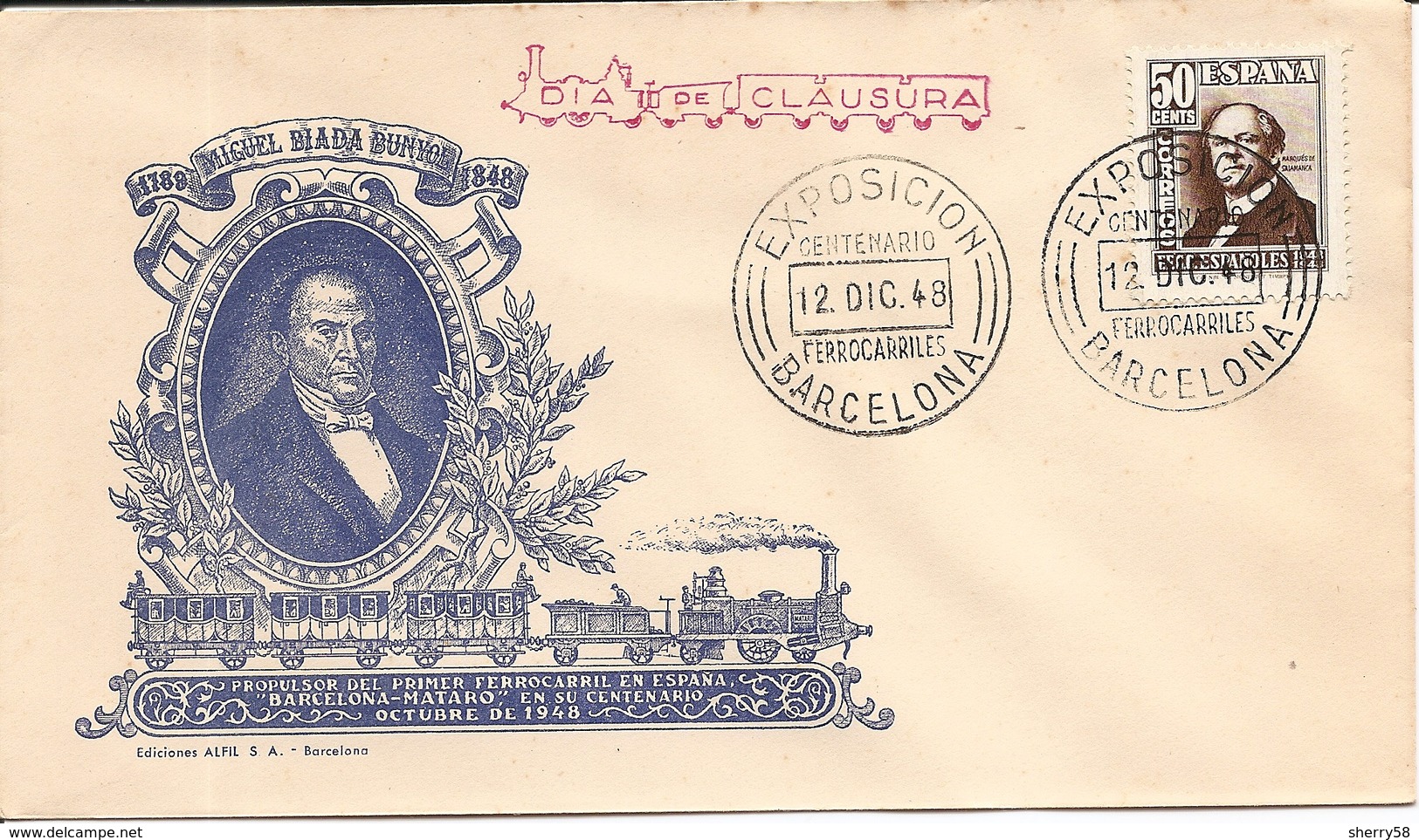 1948- EXPO. CENTENARIO FERROCARRILES BARCELONA - MATARÓ. MIGUEL VIADA BUNYOL ED. 1037  EN SOBRE NO CIRCULADO 12DIC48 DIA - Briefe U. Dokumente