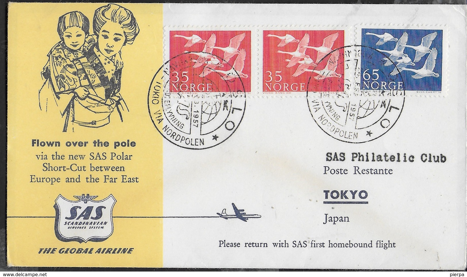 PRIMO VOLO TRANSPOLARE SAS - OSLO/TOKYO 24.02.1957 SU BUSTA UFFICIALE - Cartas & Documentos